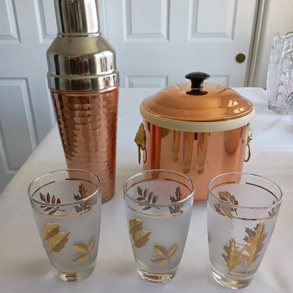 Vintage Frosted Glasses with Gold Leaf Design, set of Three (3)
